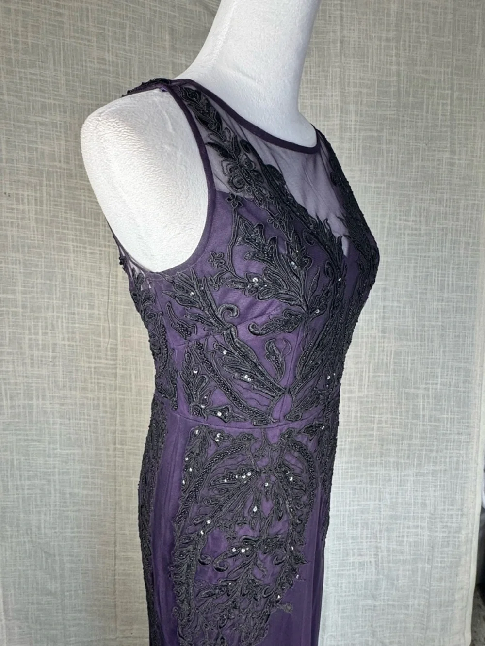 Adrianna Papell Embellished Illusion Neck Maxi in Plum and Black - Picture 6 of 11